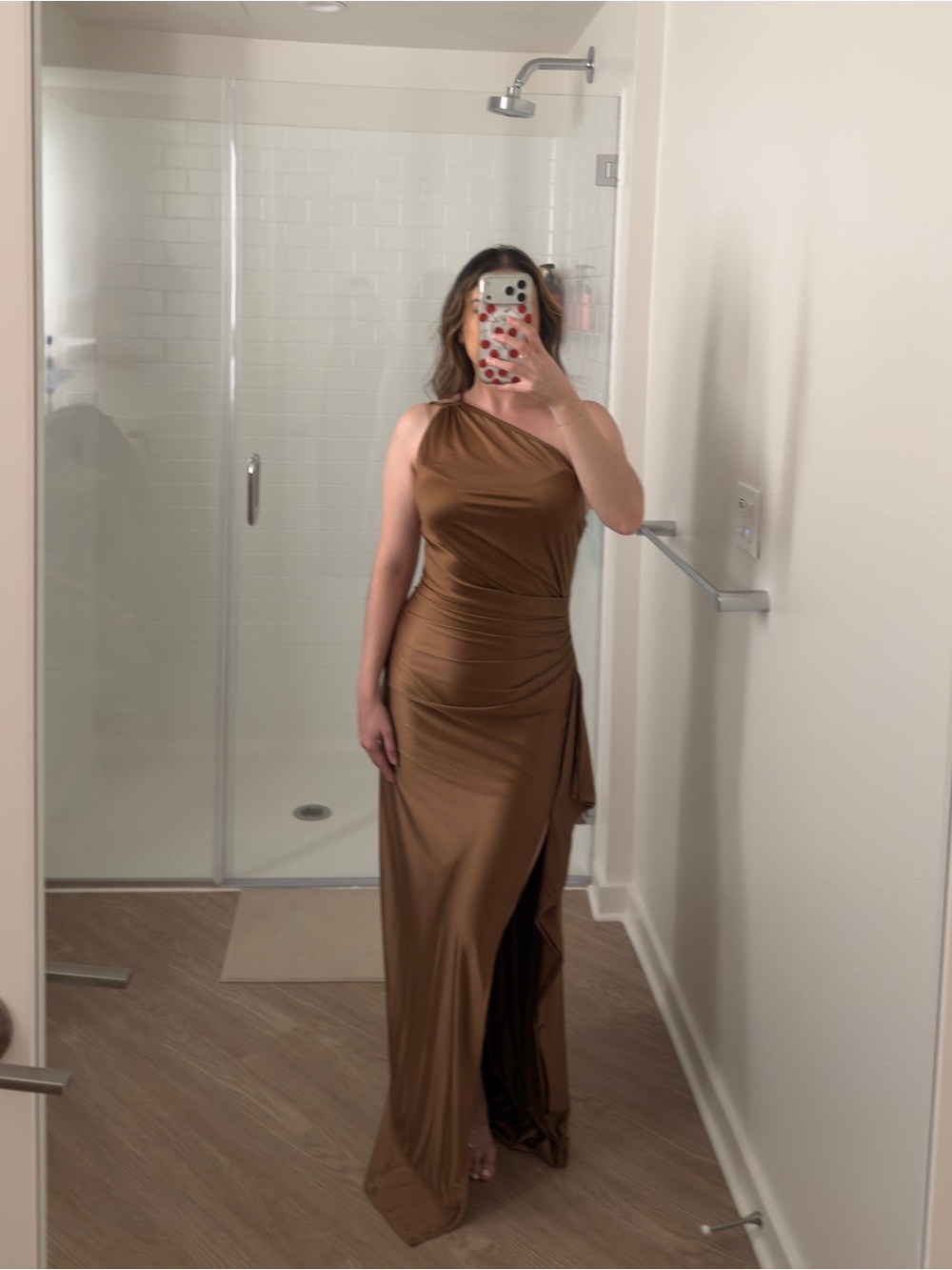 One-Shoulder Brown Evening Gown